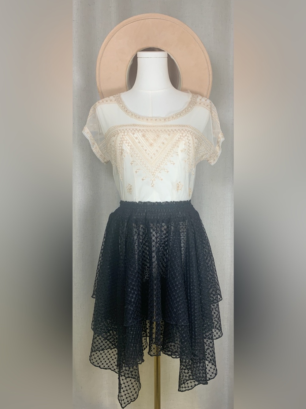 Free People Intimately Black Lace Handkerchief Sheer Hem Skirt M Boho Festival